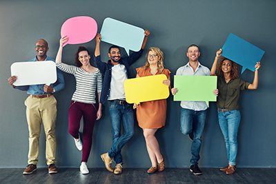 Parents holding colorful speech bubbles